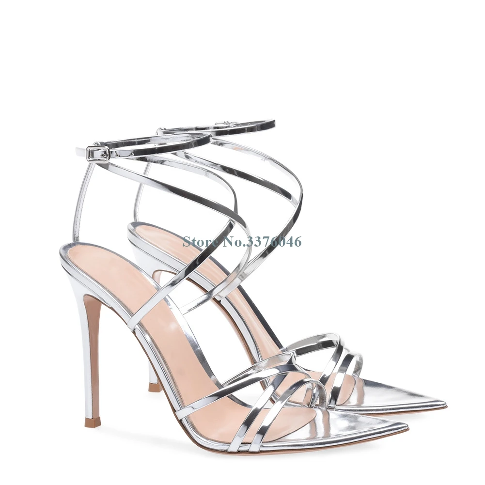 

Pointed Toe Narrow Band Thin High Heels Sandals Silver Black Patent Leather Stiletto Heels Shoes Fashion Summer Dress Shoes