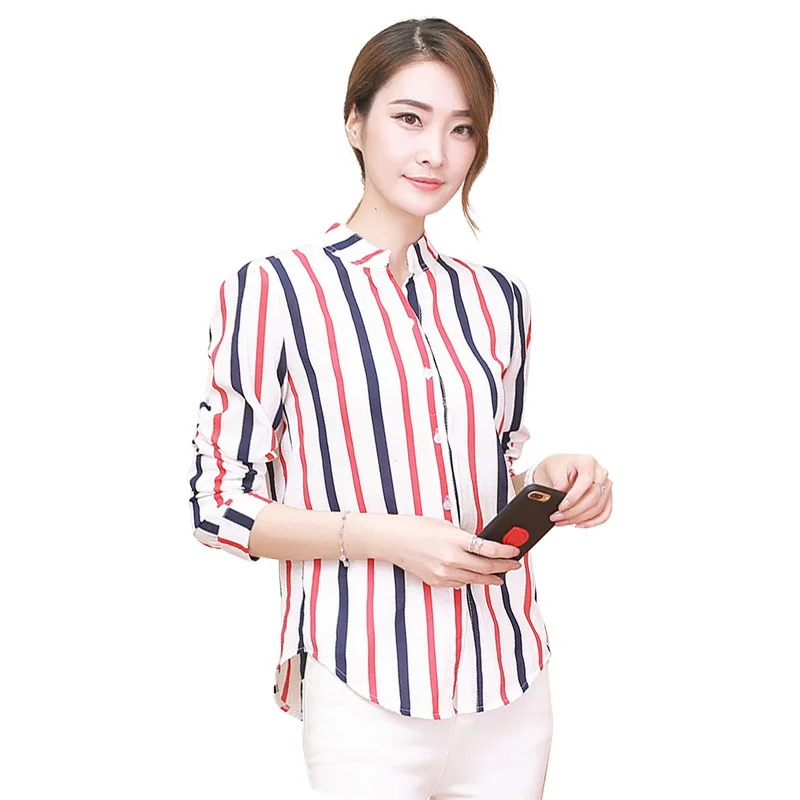 2019 Spring Autumn Women Colorful Stripe Shirt Korean Long Sleeve  Office Blouses Casual Female Slim Chiffon Print Shirts