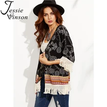 Jessie Vinson moda mujer estampado vintage borla playa cubrir negro Kimono traje de baño Wraps Cardigan blusa de talla grande