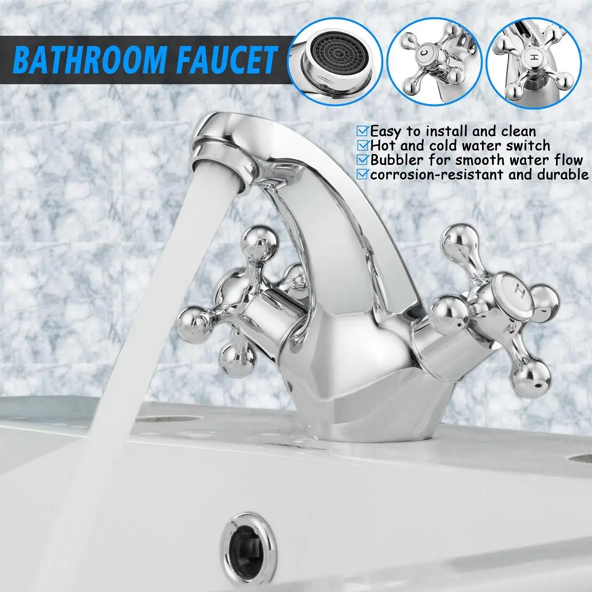 

Copper Chrome Double Handle Basin Faucet Spout European Style Bathroom Mixer Tap Hot And Cold Water Deck Mounted Water Filter