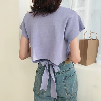 

Lychee Girls Vintage Back Bowknot Summer Women T Shirt Short Sleeve Casual Loose T Shirt Wild Tee Top Female