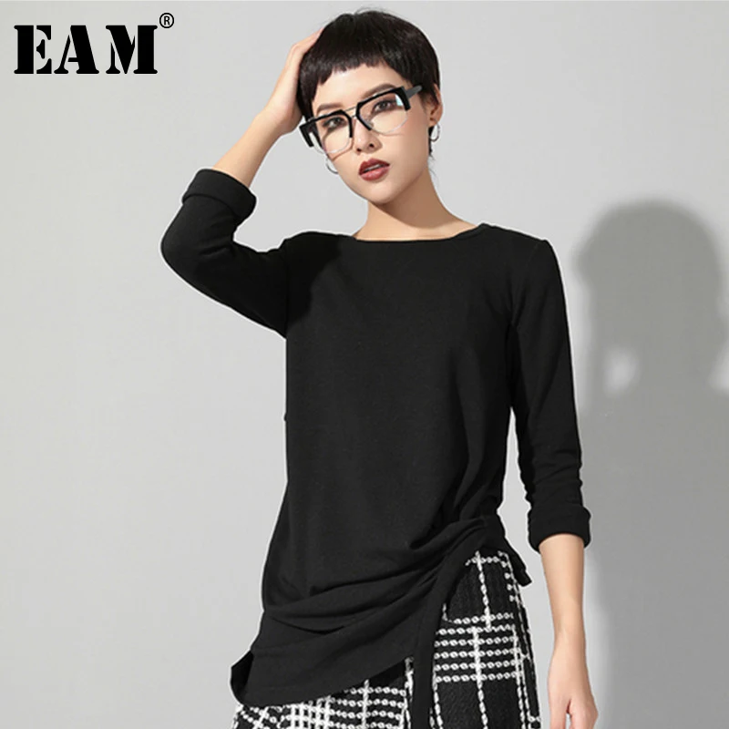 

[EAM] 2019 New Autumn Winter Round Neck Long Sleeve Black Loose Hem Irregular Knot Stitch T-shirt Women Fashion Tide JR358