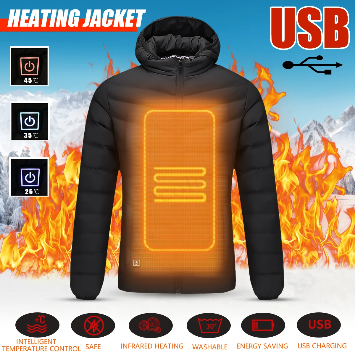 Mens Winter Heated Safety Vest Jacket USB Hooded Work Heating Jacket ...