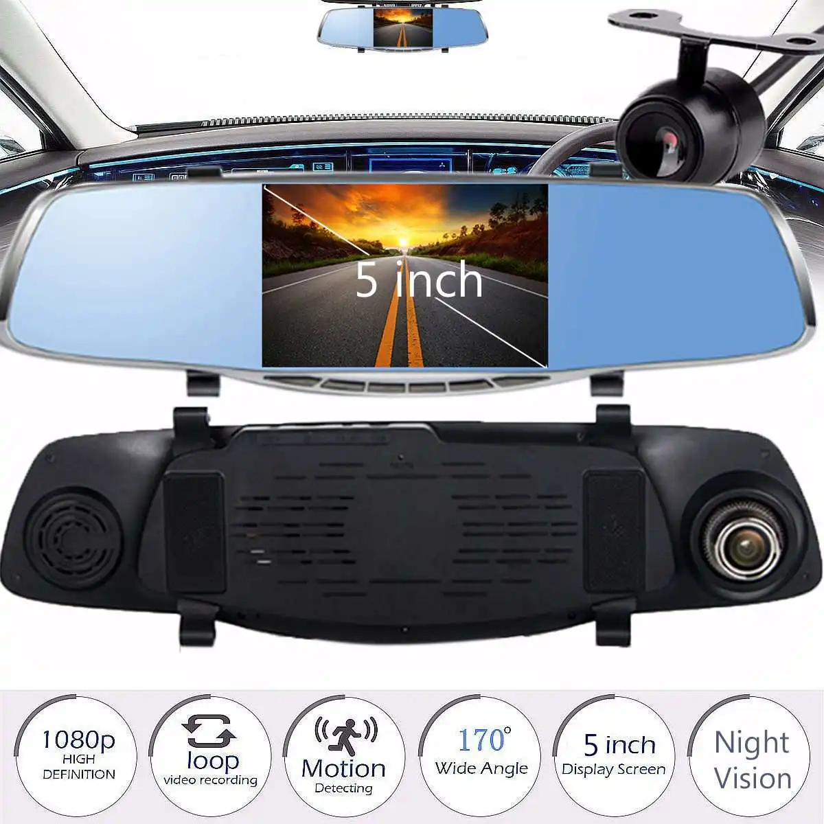 

5" FHD 1080P Dual Lens Touchscreen Car DVR Mirror Camera Video Recorder Dash Cam Auto Registrator + RearView Camera Night Vision