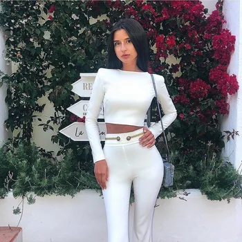 

Celebrity High Quality White 2 Pieces Set Long Sleeve Fashion Rayon Bandage Set Night Club Party Set