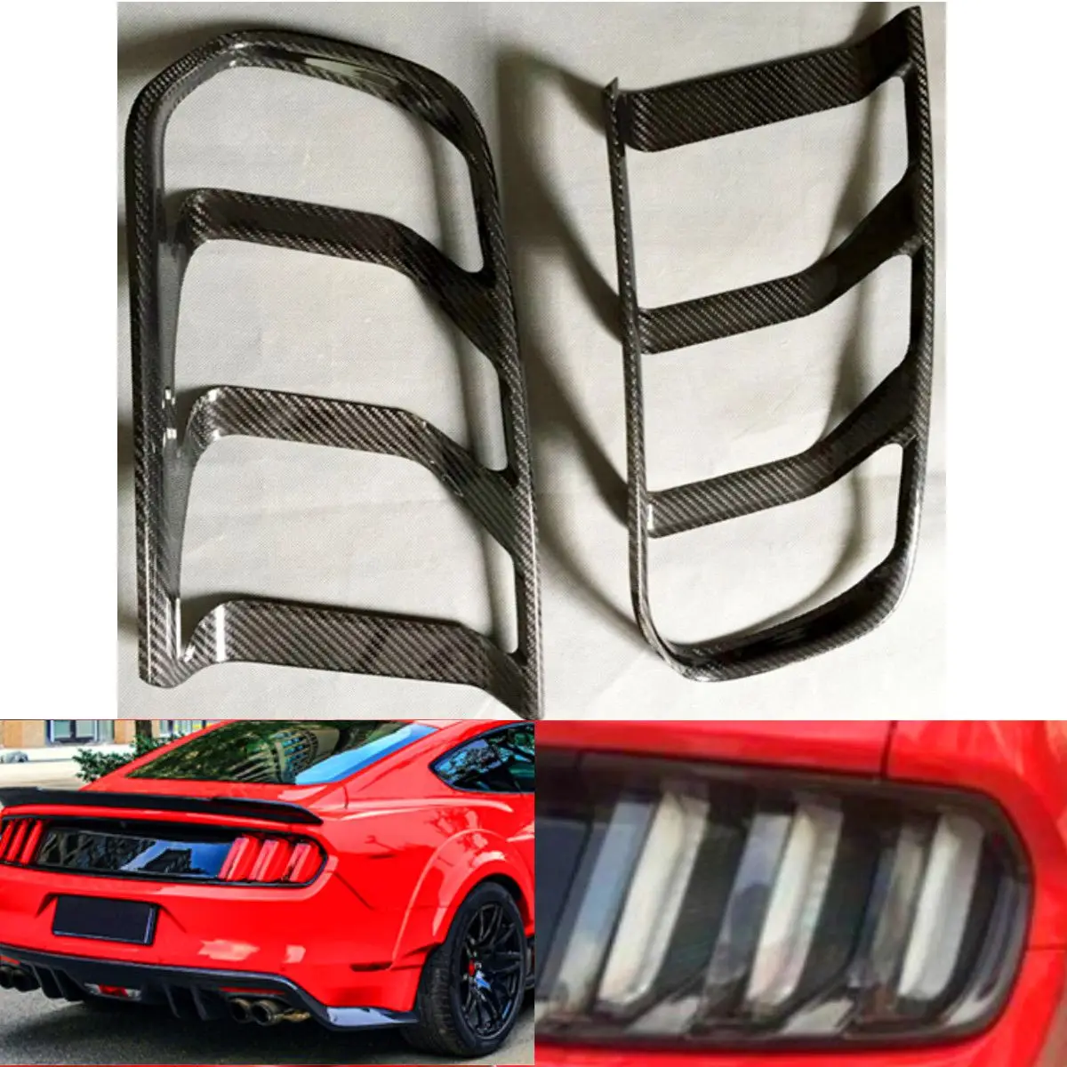 

2Pcs High Quality Car Add-On Break Tail Light Lamp Trim Cover Shell For Ford For Mustang 2015-2017 Glossy Real Carbon Fiber