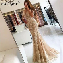 Короткие рукава с открытой спиной Формальные Вечерние платья Illusion Sheer Совок Тюль Кружева Шампанское Русалка Выпускные платья Длинные