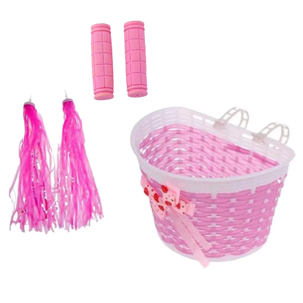 

Girls Kids Removable Bicycle Basket Kids Tricycle Bike Pannier with Strap Handlebar Streamers and 1 Pair Pink Handlebar Grip