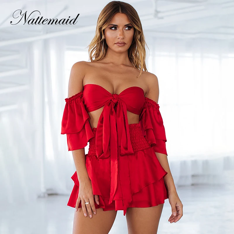 

NATTEMAID Off Shoulder Crop Top With Short Lining Skirt Set Summer 2 Piece Set Women Sexy Two Piece Set Cascading Ruffles Set
