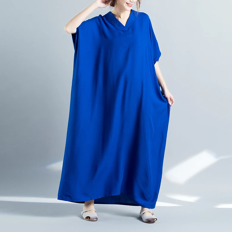 

2019 Women Summer Cotton Linen V-neck Maxi Robe Dress Vestidos Boho Beach Loose Bat Sleeve Large Plus Size Ramadan Muslim Dress