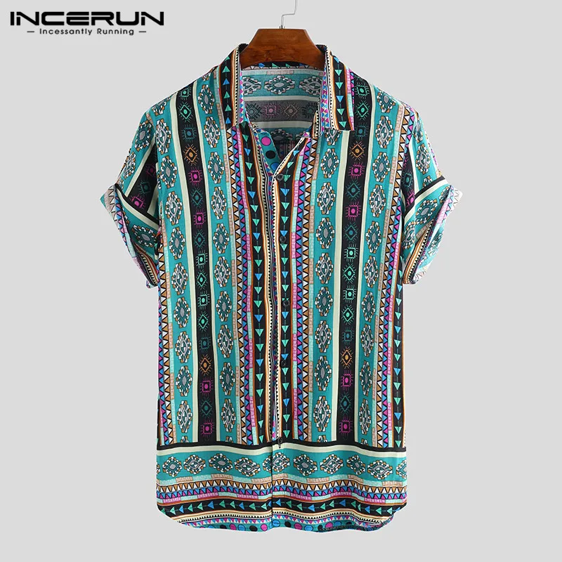 Koop INCERUN Etnische Stijl Print Mannen Casual Shirt Revers Hals Streetwear Korte Mouw Tops 2019 Losse Tropische Hawaiiaanse Shirt Mannen S 5XL