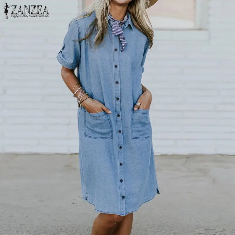 

ZANZEA Plus Size Summer Dress Women Solid Casual Shirt Dress Female Turn Down Collar Party Vestido Robe Femme Beach Sundress 5XL