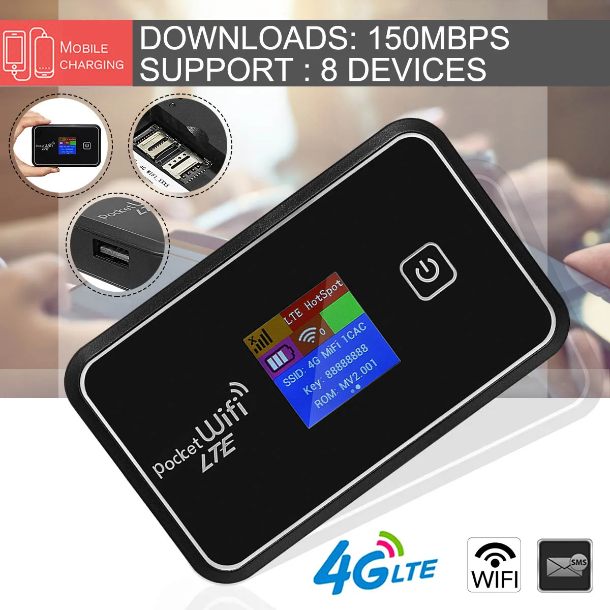 

150Mbps 4G Wifi Router Car Mobile Wifi Hotspot Wireless Broadband Mifi Unlockeds Modem With Sim Card Slot LCD Display