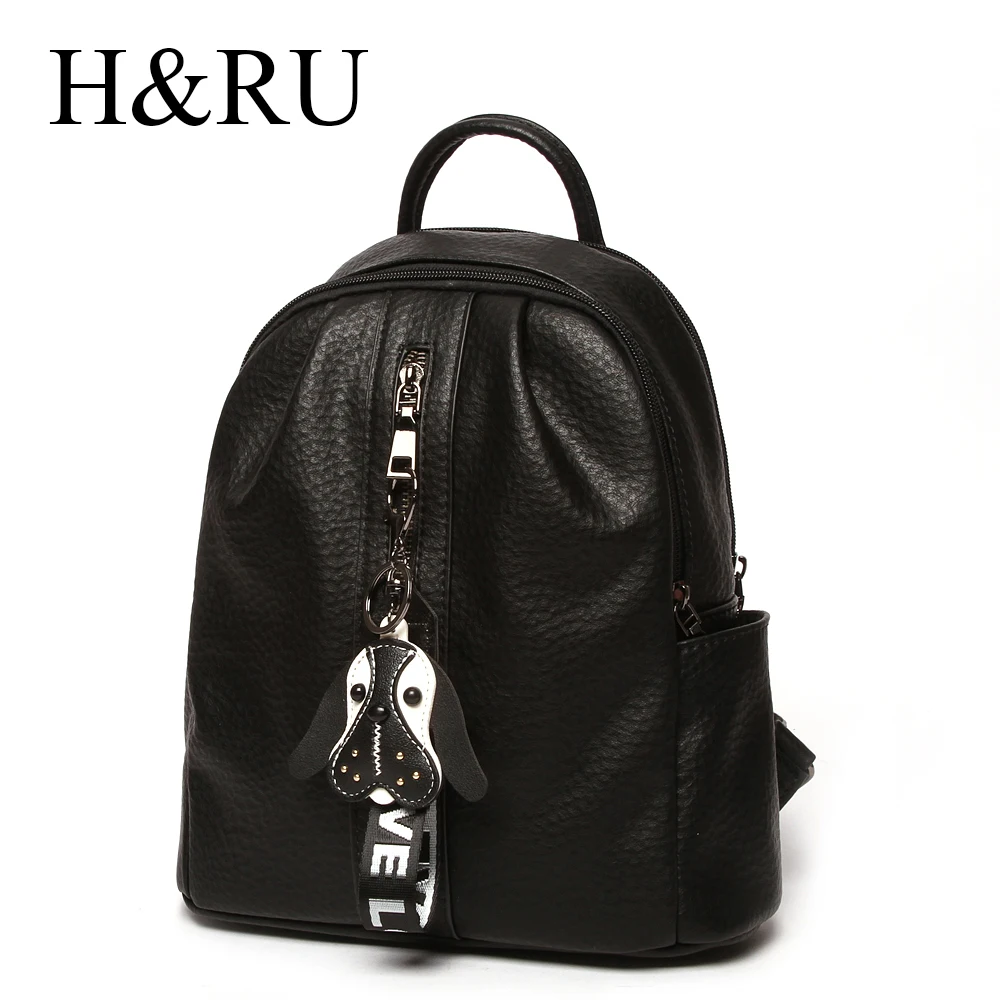 

Fashion Women Bags Backpack School Bag PU Leather Backpacks Bookbag With Puppy Decoration Black