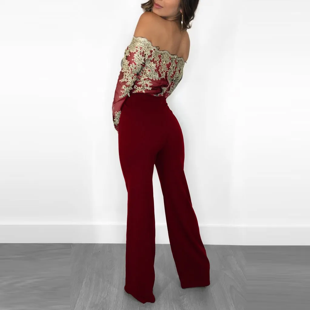 Mesh Patchwork Embroidery Sexy Party Jumpsuit Women Slash Neck Long Sleeve Wide Leg Jumpsuit Sashes Elegant Long Bodysuit Mesh Patchwork Embroidery Sexy Party Jumpsuit Women Slash Neck Long Sleeve Wide Leg Jumpsuit Sashes Elegant Long Bodysuit