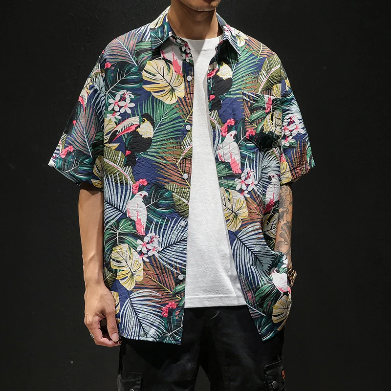 

2019 Male Sandy Beach Leisure Time Lovers Flower men casual short sleeve hawaiian Shirt plus size mens fashion shirts