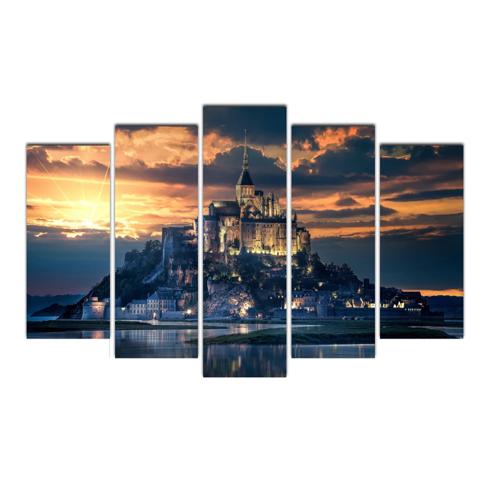 

HD 5 Piece Canvas Michel Island Castle Sunset Painting Posters And Prints Canvas Painting for Living Room Free Free Shipping