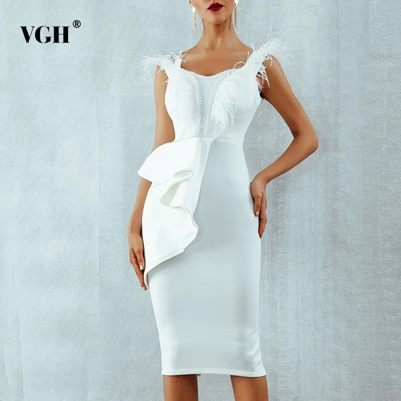 

VGH Vintage Solid Strap Feather Dress Women Off Shoulder High Waist Slim Zipper 2019 Summer Patchwork Dresses Female Fashion New