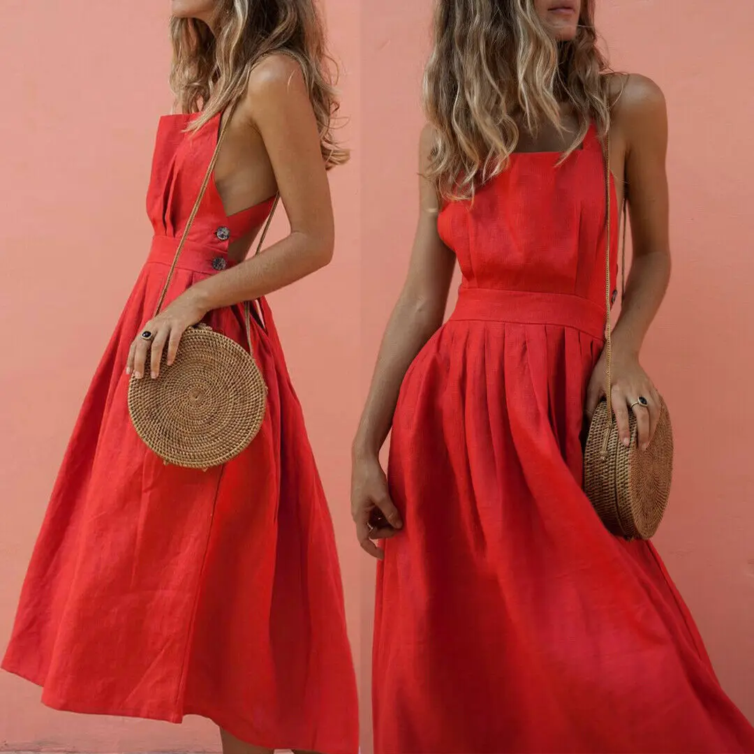 

Fashionable Women Summer Holiday Strappy Party Long Dress Ladies Sleeveless Beach Sundress Solid Color