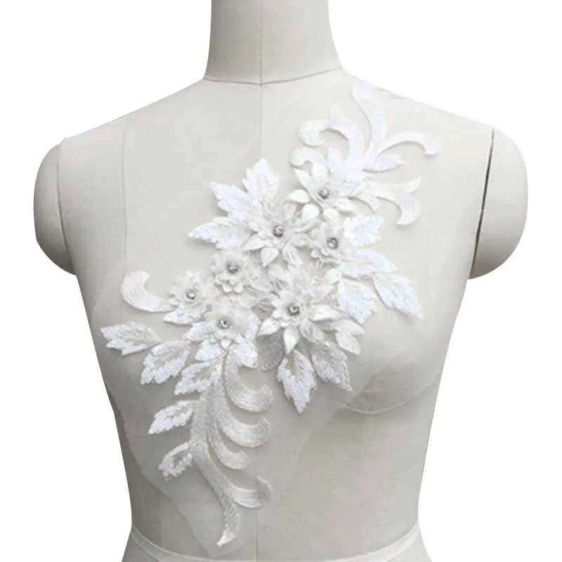 

3D Flower Embroidery Lace Trim Wedding Applique Beaded Pearl Tulle DIY Sewing Trims Wedding Decoration