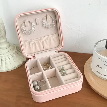 

Portable Jewelry Case Packing PU Leather Jewelry Box Makeup Organizer Cosmetic Box&Mirror Travel Earring Ring Casket