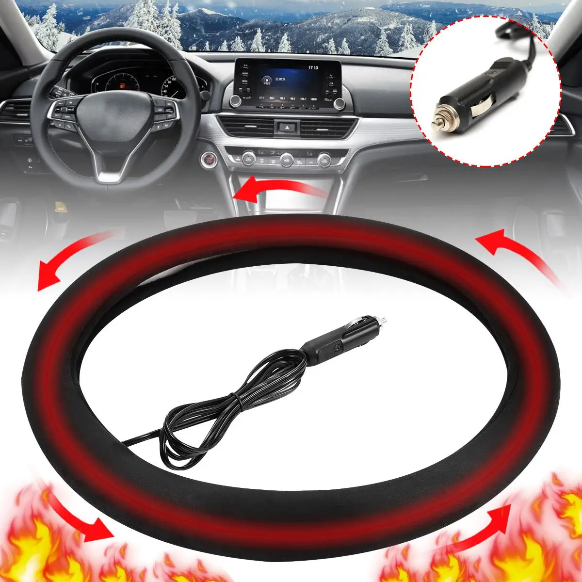 Billige 12V Auto Lenkung Rad Abdeckung Winter Warme Bequeme Beheizt Heizung Lenkrad Abdeckung Universal 38cm Lenkung Deckt heizung