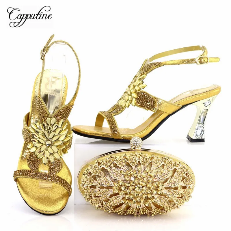 

Capputine Italian Desgin Rhinestone Woman Shoes And Bags Set New African Gold Color Shoes And Matching Bag Set For Party