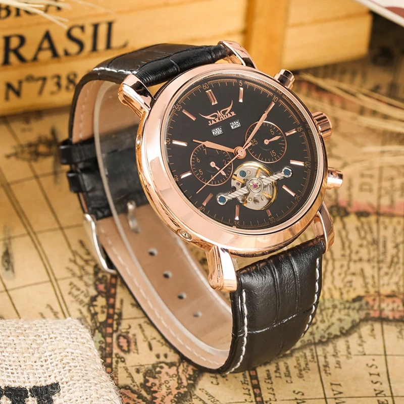 JARAGAR Rose Gold Automatic Mechanical Tourbillon Watch Men Military Sport Wristwatch Black Leather Band Man Clock 2