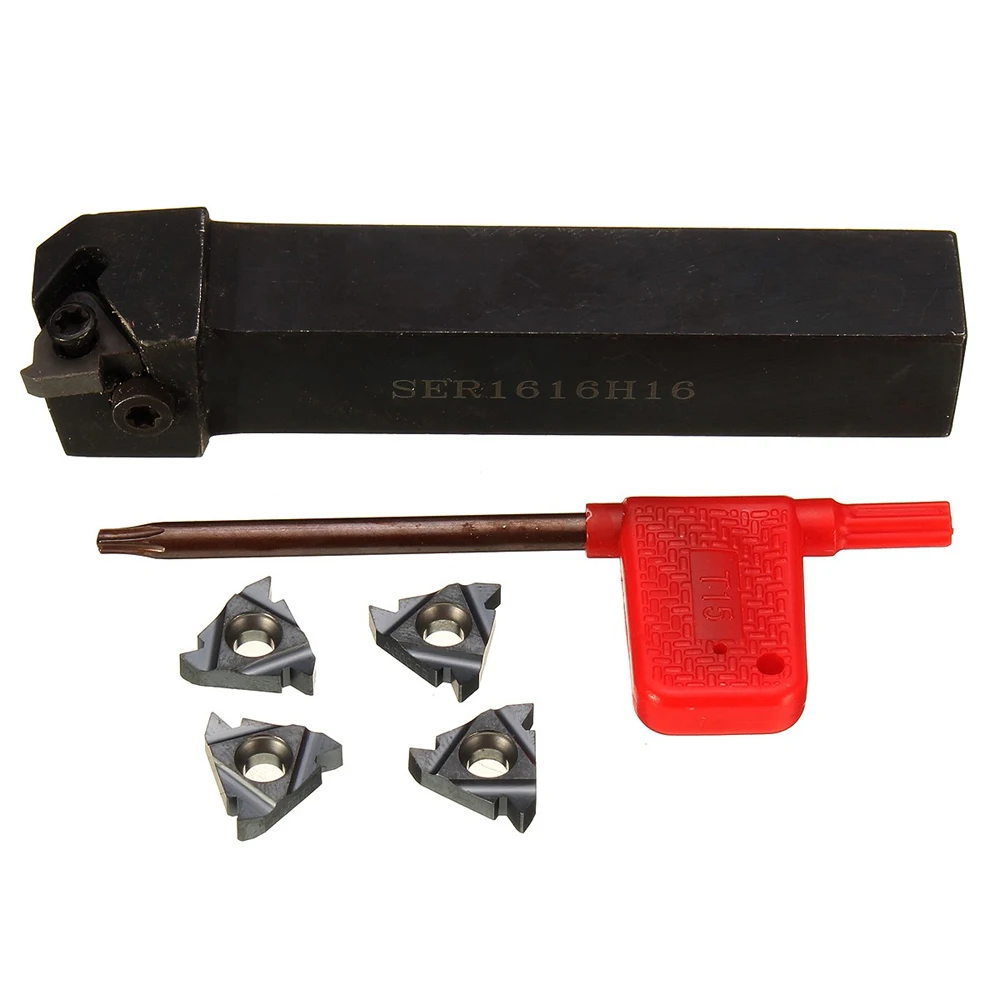 

SER1616H16 Lathe Threading Turning Tool Holder + 4Pcs 16 ER AG60 Inserts + T15 Wrench Rod Industrial Lathe Tools