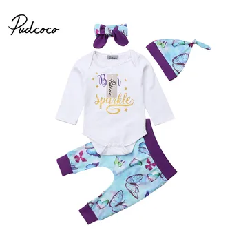 

4Pcs Newborn Infant Baby Girl Bodysuit Tops + Print Pants Outfit Clothes Set Long Sleeve Sweet Girls Bodysuits Fashion