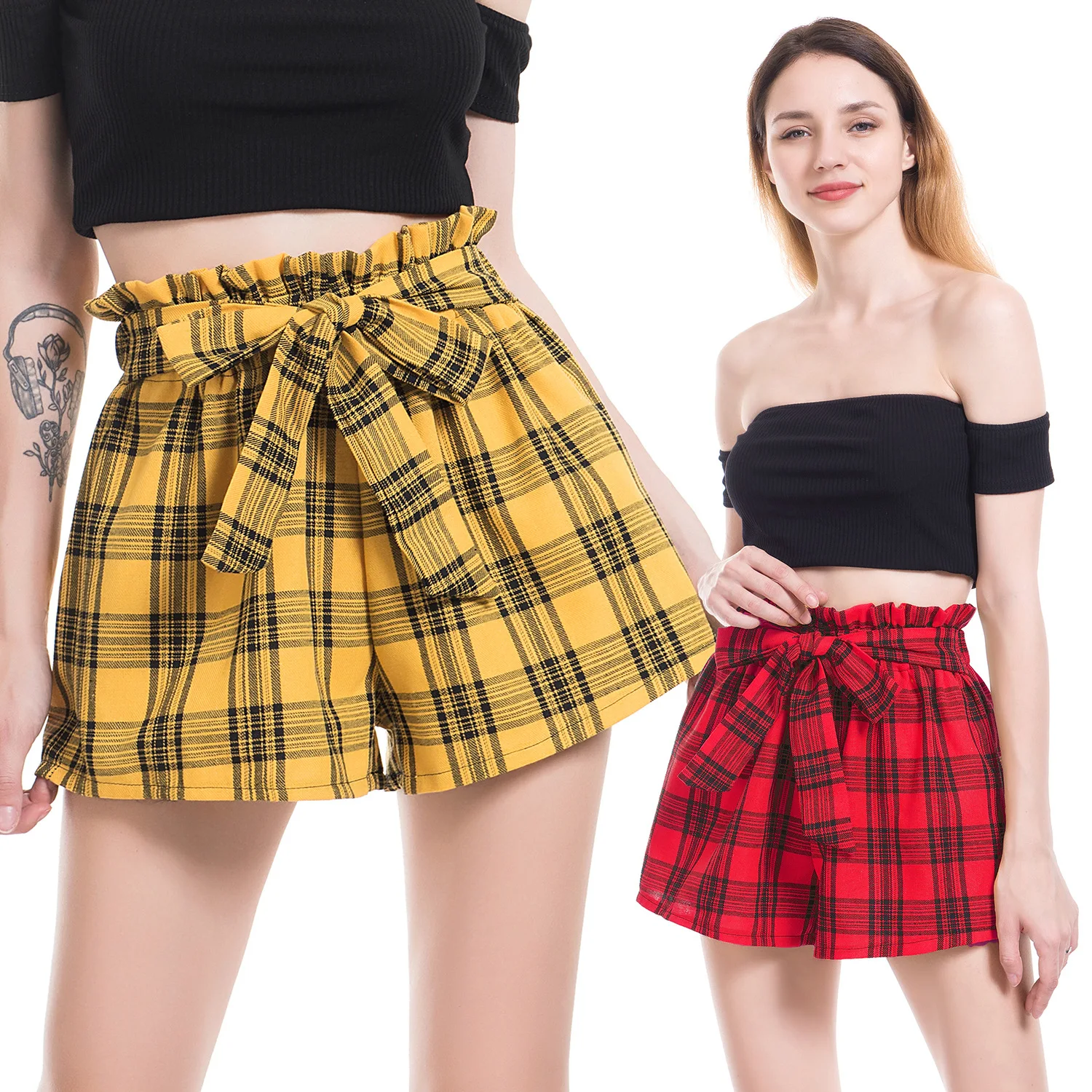 2019 New Summer Woman Drawstring  Red Yellow Plaid Wide Leg Short Pants Casual Girl Harajuku Woman's Shorts