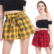 2019 New Summer Woman Drawstring  Red Yellow Plaid Wide Leg Short Pants Casual Girl Harajuku Woman's Shorts