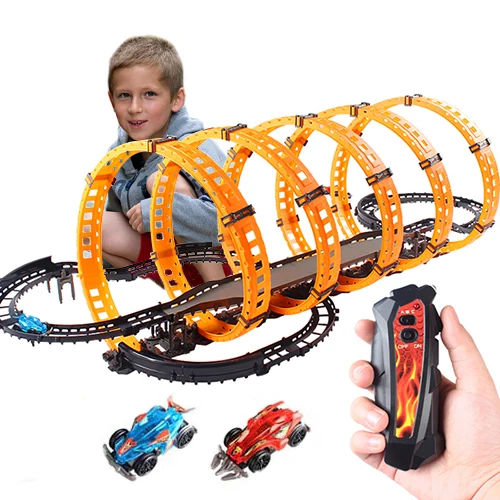 

Unisex Electric RC Rail Car Racing Toy Set DIY Infrared Remote Control Car High-Speed Racing Building Blocks Toy