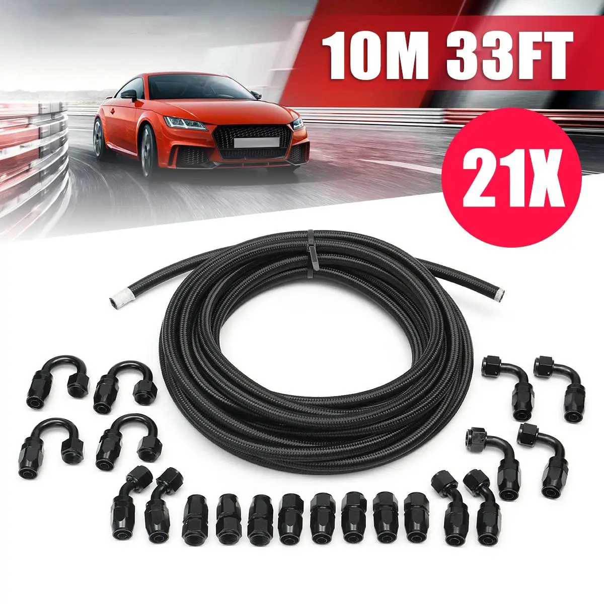 

10 Meter AN8 8AN Aluminum Hose End Fitting Oil Hose End Adaptor Kit Nylon Braided Oil Fuel Line Car Accessories