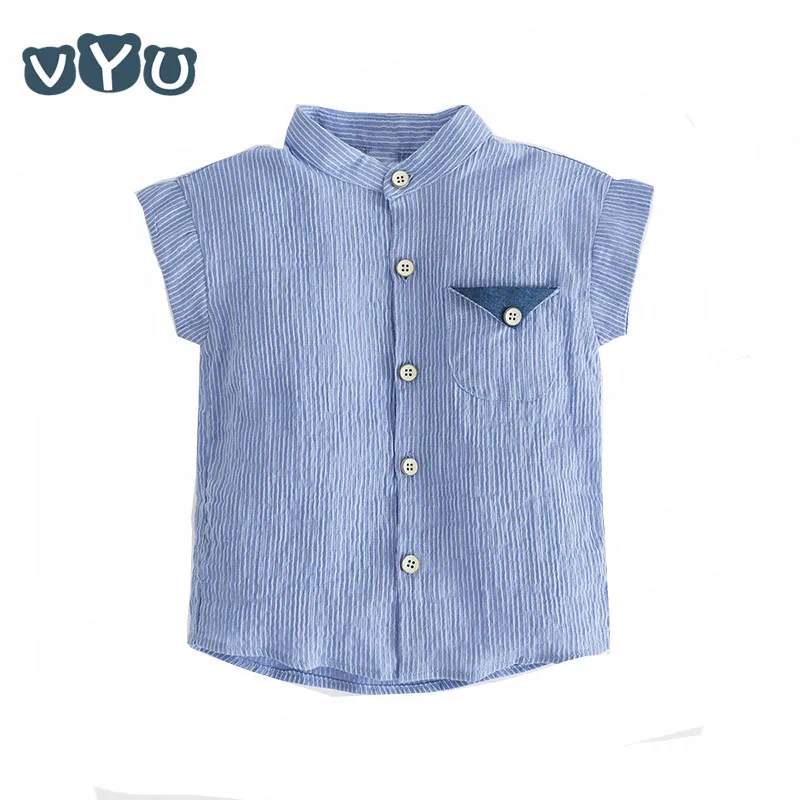 

2019 Summer Kids Boys Short Sleeved Stripe Blouse Cotton Linen Turn-down Collar Shirts Casual Kids Clothes