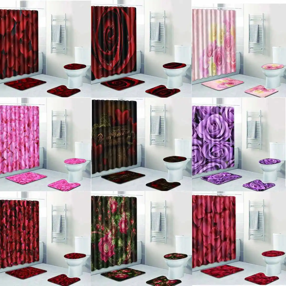 

4pcs Flower Bathroom Carpet Toilet U Bath Mat Set Non Slip Pedestal Rug + Lid Toilet Cover + Bath Mat+Shower curtain