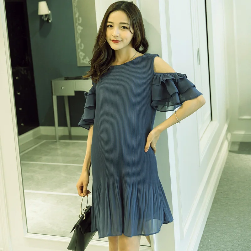 

Plus size short sleeve chiffon dress fashion maternity solid color shoulderless ruffles flare pregnant women chiffon dress sweet