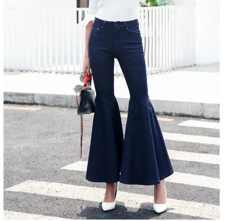2018 для женщин Винтаж Высокая талия Синий расклешенные джинсы воланами манжеты карманы джинсовые штаны мода мыть узкие брюки