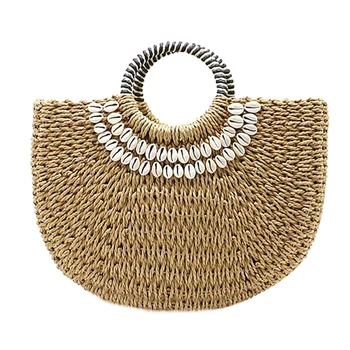 

Shell Moon Bag Straw Bag Women'S Straw Bag Handmade Woven Basket Wicker Summer Grass Bags Drawstring Of Totes