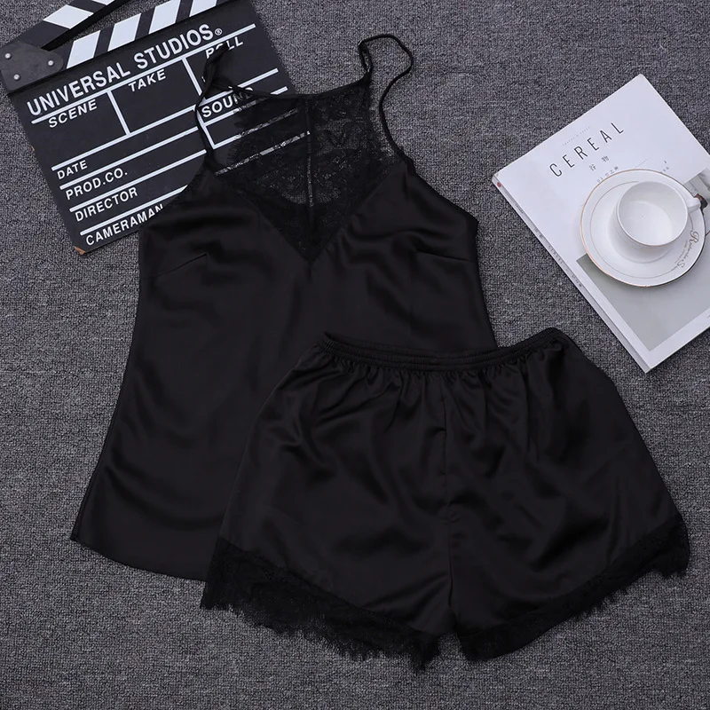 

2019 Pajamas For Women Lace Sexy Beauty Back Shorts Style Female Sleep Set Women's Deep V-neck Strap Shorts Sleepwear
