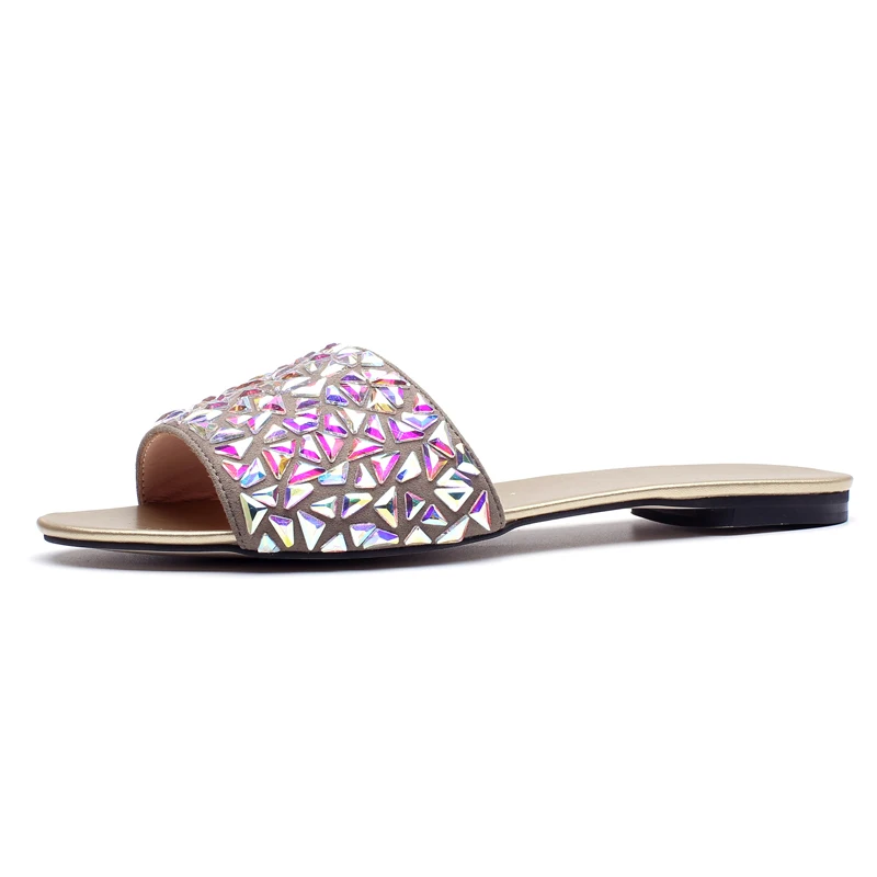 

Sexy Open-toe Women Flat Mules 1 cm Heels Genuine Leather Summer Slippers Crystal Woman Slides Woman Shoe Box packing A70