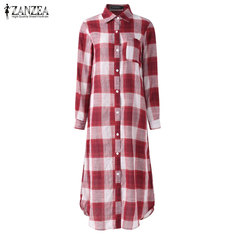  2019 Plaid Checked Shirt Vestido ZANZEA Women Lapel Neck Long Sleeve Long Dress Casual Buttons Down