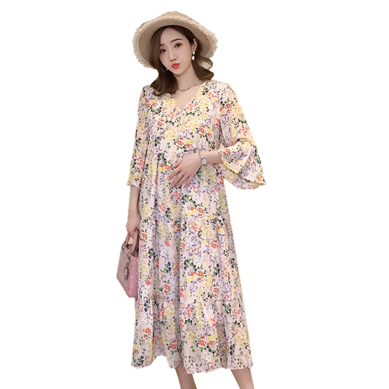 

Long loose floral chiffon fashion maternity postpartum women nursing dress half flare sleeve breastfeeding dress sweet lactation