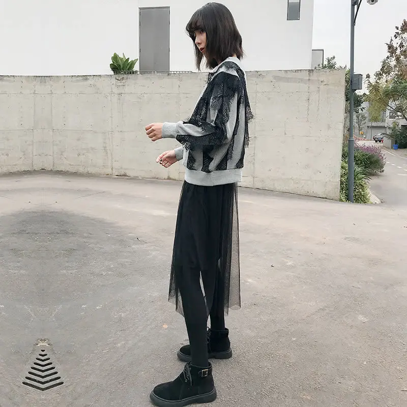 O Pieno Della Superiore Solido Nuove Inverno lunghezza Scava Pantaloni Di Corea Modo Ginocchio 2019 Colore Donne Merletto Del black Femminile gray L589 Manicotto White collo Fuori Iq7wq0
