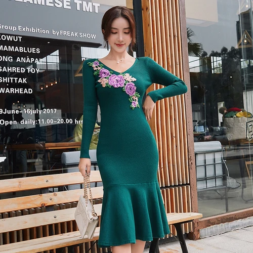 

2018 Autumn Winter Women Knitted embroidery vestido Ruffles Bodycon Mermaid Warm Sweater Dress high quality