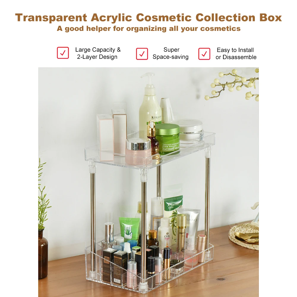 

Cosmetic Collection Box Space-saving Square Storage Rack Organizer Tray Shelf 2 Layers Transparent Acrylic Stand Holder