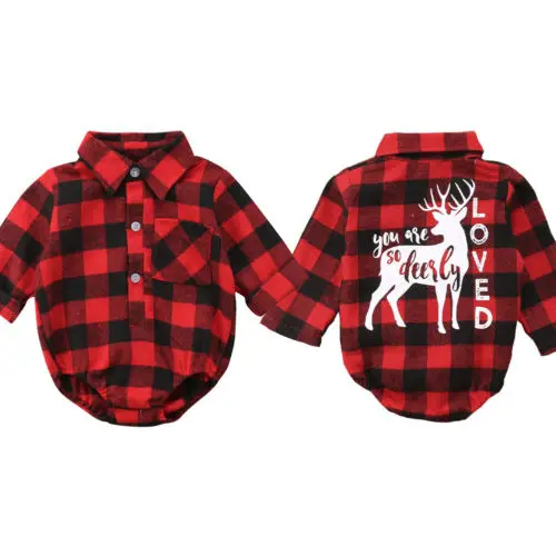 

Xmas Red Bodysuits Baby Girl Boy Plaids Design Button Jumpsuit Christmas Newborn Clothes Long Sleeve Fashion Spring Elk Bodysuit