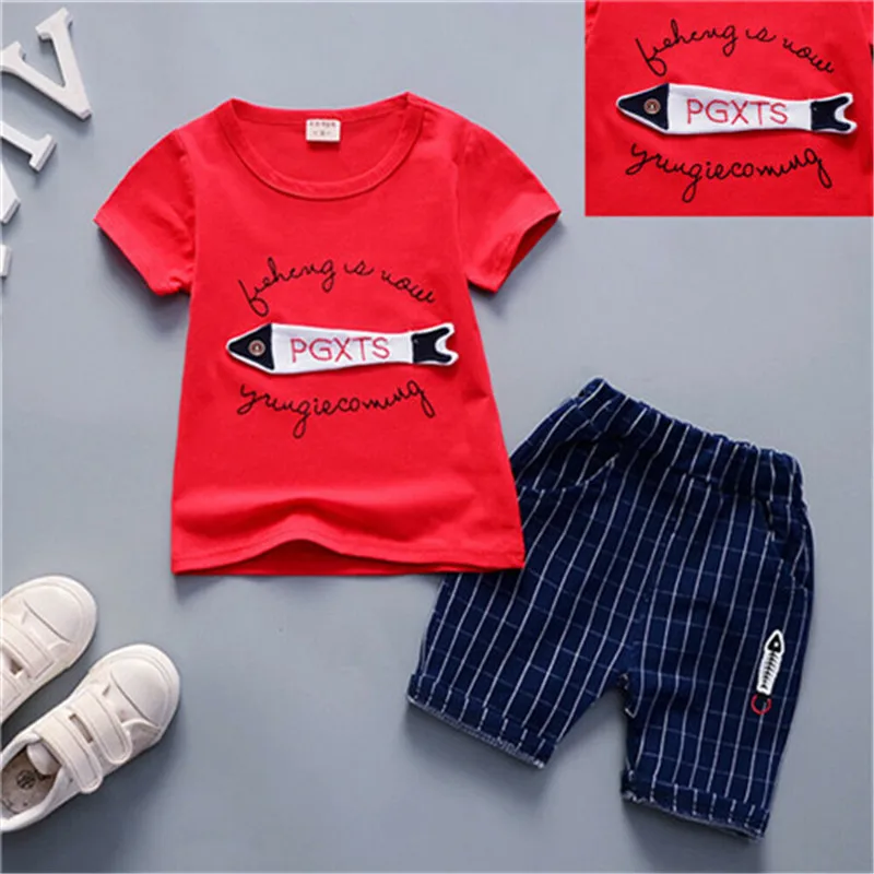 

Summer Newborn Kids Baby Boys Tops T-shirt Fish Striped Pants 2PCS Outfits Set Clothes Toddler Boy Clothes Cotton O-neck