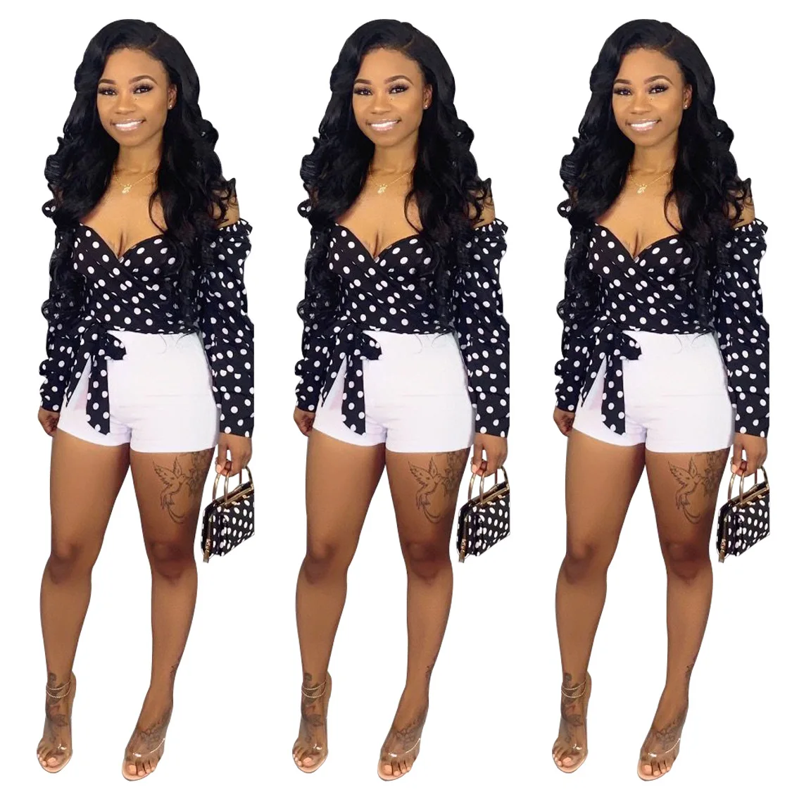 

2019 new women dot print plunging neckline v-neck long sleeeve tie up blouse and shirts vintage beach top sexy 4 color A8335