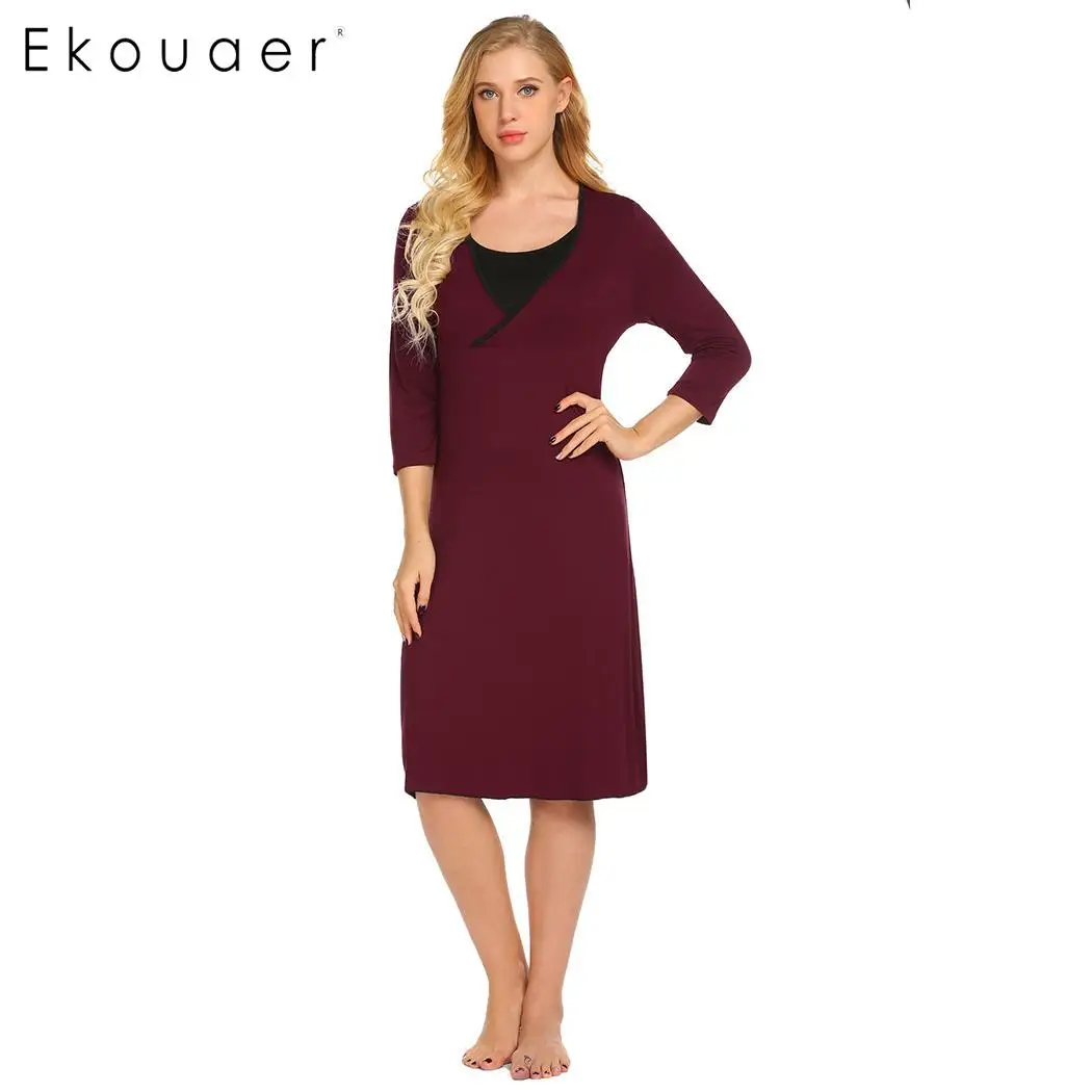 

Ekouaer Casual Night Dress Chemise Sleepshirts Women Nightgown Three Quarter Sleeve O-Neck Loose Breastfeeding Soft Nightdress